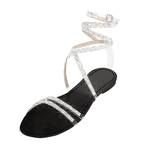Sandalias planas para mujer, estilo informal, ligeras, elegantes, antideslizantes, con diamantes de imitación, bohemias, para verano, playa, interiores y exteriores, Khaki, 40 EU