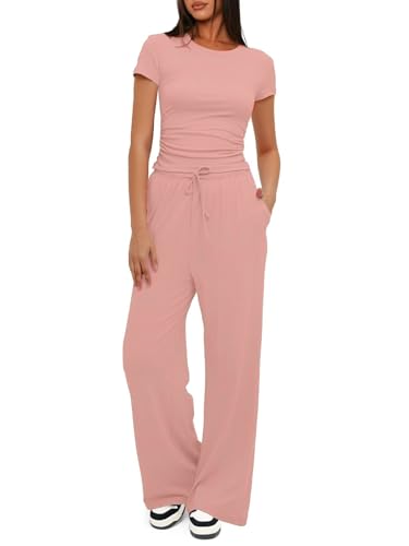 crazy bean Chándales Para Mujer Fashion Casual Conjunto Deportivo de Cintura Alta con CordóN Para Mujer 2 Piezas Suave Top Manga Corta PantalóN Pata Ancha Rosa M