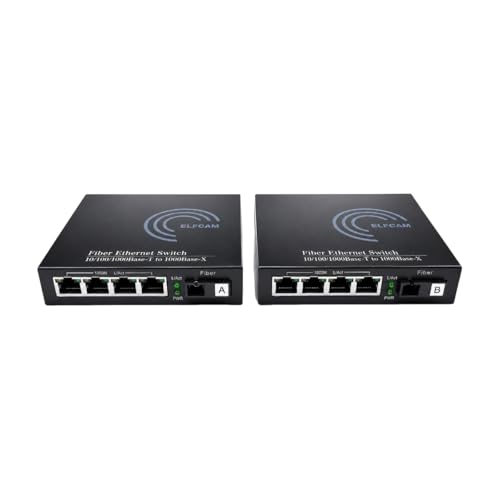 Elfcam® – Convertidor de Medios Gigabit Ethernet, Convertidor de Medios SFP, Hasta una Distancia de 20 km sobre Fibra Óptica SC Monomodo (4 Puertos RJ45 * 4 Puertos RJ45)