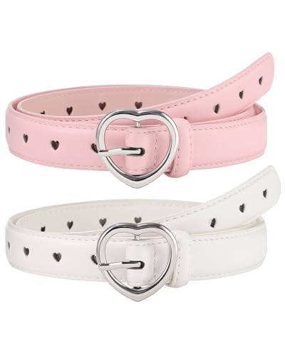 AWAYTR 2 Pack Kids Leather Girls Belt, with Heart Buckle for Pants Dress