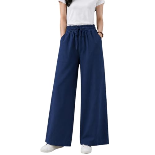 Image of LIRIT Womens Solid Color Wide Leg Trouser Pant with Drawstring Elastic Waist, Relaxed Fit, Full Length, Casual Lounge Palazzo Bottom