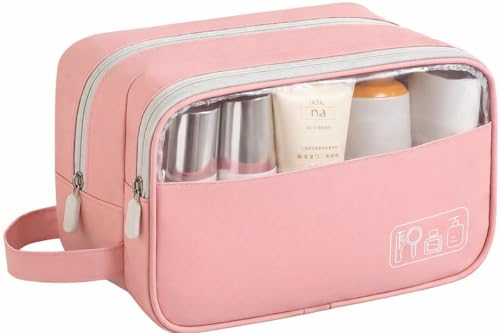 Necessaire Organizadora Bolsa de Higiene Pessoal Unissex de Viagem Com Duas Divisórias, Compartimento Frontal Transparente, Academia, Mala e Uso Diário Com Alça Lateral – SHACK. (ROSA)