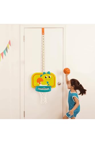 Image of B. toys Hanging Basketball Net, Adjustable Dino Hoop, Dinosaur Dribble | Door-hanging basketball net with mini ball, air pump, foldable hoop, and height extenders for indoor active play, 3+ Years