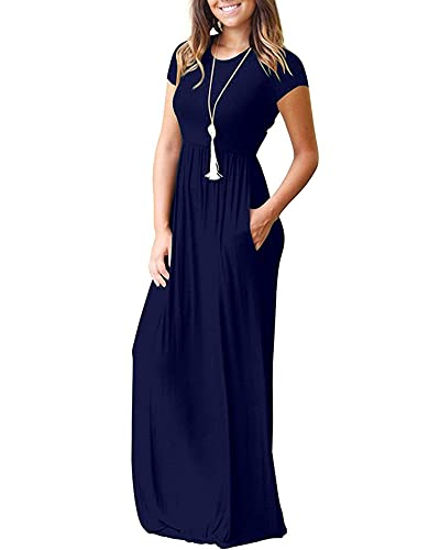 Image of MISFAY Women's Short Sleeve Maxi Dresses Long Casual Dresses with Pockets | Empire Elastic Waist, Crew Neck, Floor Length, Strentchy Flowy A Line Fit, Loose Plain Summer Outfits, Vacation Wear