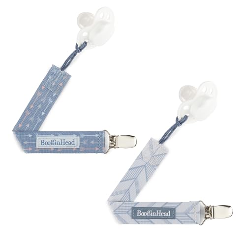 Image of BooginHead by Infantino PaciGrip 2-Pack Pacifier Clips - Universal Fit, Gentle on Clothes, Keeps Pacifiers Clean & Close, Ages 0-36 Months, Blue Arrows