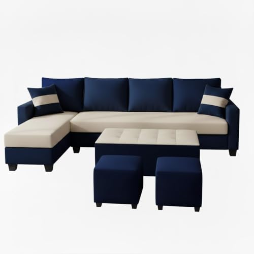 Image of CASASTYLE Adonway 8 Seater Fabric LHS L Shape Sofa Set (Cream-Dark Blue) Premium Velvet Finish | Ideal for Living Rooms