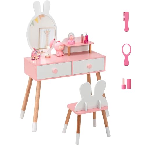 RELAX4LIFE 2 en 1 Tocador de Maquillaje para Niña con Espejo Extraíble y Taburete, Tocador Niña con 2 Cajones y 3 Accesorios, Maquillaje Niñas, Tocador Infantil de Madera para Niños 3-7 Años (Blanco)