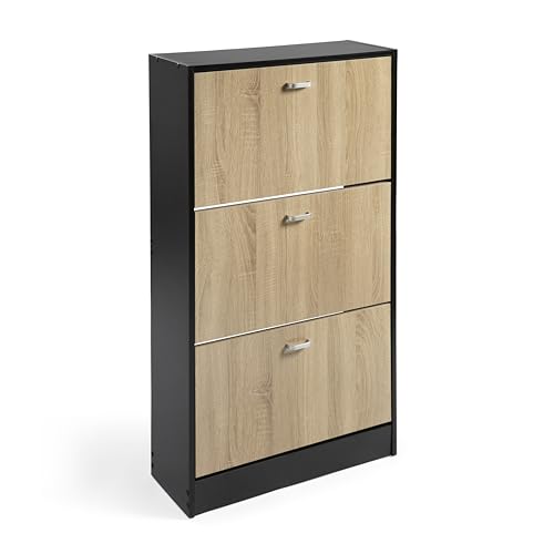 DUPI Mueble Zapatero Madera | 3 Puertas Oscilobatientes | 6 Baldas para 28 Zapatos | Diseño Minimalista | Zapatero Entrada (Taupe/Negro)