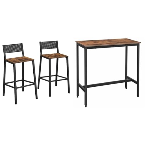 VASAGLE 2 Bar Stools and 1 Narrow Long Bar Table, Industrial Dining Set, Rustic Brown and Black
