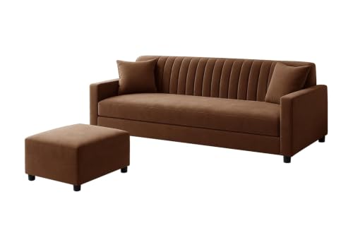 Image of Modern Three Seater Wooden Sofa Set with Ottoman, Soft Velvet Upholstery, Comfortable Couch for Living Room, Office & Apartment - Brown Color