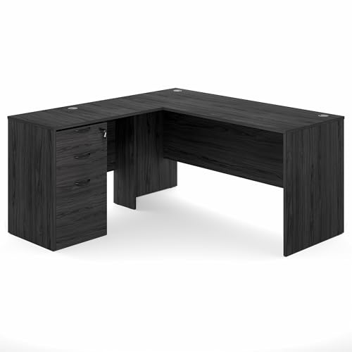 Image of Furinno Roger 60 Inch L-Shaped Executive Desk with File Cabinet, L-Shaped Office Desk with 3-Drawer Fixed Pedestal Filing Cabinet, Desk Cord Grommet, for Home Office, Coastal Grey