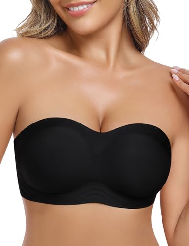 UMIPUBO Sujetador Sin Tirantes Mujer Sin Aros Push Up Invisible Sin Costuras Multiposicion Ajustables Bandeau Top con Relleno y Transparente Extraíbles Tirantes Antideslizante (Negro, S)