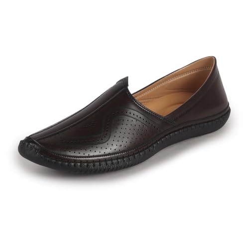 Image of FAUSTO Men Perforated Side Stitched Ethnic Round Toe Juttis and Mojaris for Wedding | Flexible Anti Skid Sole | Pathani Kurta Slip On Shoes