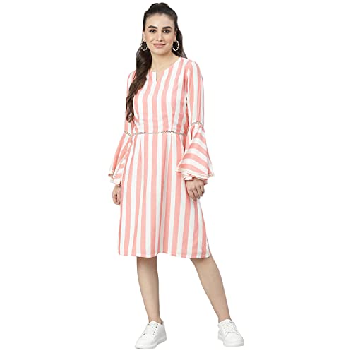 Image of DEEBACO Women's A Line /Fit & Flare Knee Length Dresses for Women Bell Sleeve Printed Striped Dress Midi for Girls Western Lace Dresses (Pink, Blue, Green, Yellow)