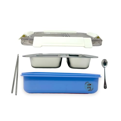Image of Kitchen Bloom Lunch Box for Kids -3 Compartment Lunch Box for Kids with Spoon & chop Stick, Stainless Steel Lunch Box for Boys & Girls to School |Tiffin Box for Office for Men and Women (Blue & White)