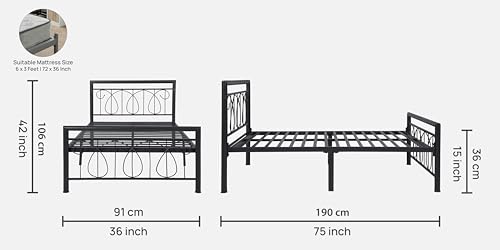 Image of Kovu Metal Extra Single Size Bed Without Storage | Wrought Iron Cot with Headboard & Footboard| Sturdy Powder Coated Platform Bed Extra Single Size Cot for Bedroom (Kovu Black)