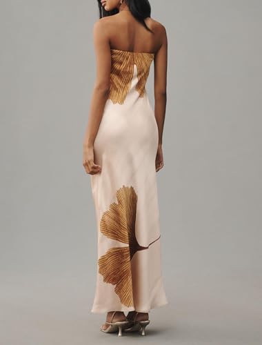 Image of Women Floral Strapless Maxi Dress Y2K Bodycon Tube Long Dresses Sexy Party Formal Cocktail Beach Slit Dress