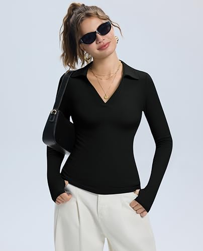 LOMON Womens Pullover Sweaters Y2K Going Out Tops Deep V Neck Polo Shirt Thumb Holes Ribbed Long Sleeve Tops for Women4