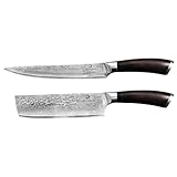Chef Cuisine International Damast Messer 2er-Set, 67-lagiger Klingenstahl, Ebenholz-Griff, Nakiri und Fleischmesser, 17,5 cm und 20,5 cm Klingenlänge, Eisgehärtet, Rostfrei