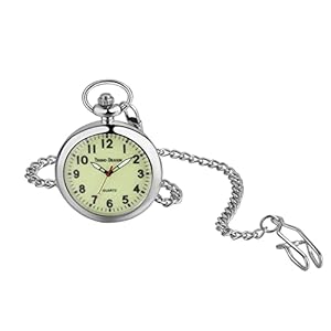 JewelryWe Taschenuhr Herren Damen Klassische Grün Leuchtendes Zifferblatt Analog Quarz Uhr mit Halskette Taille Kette Silber Geschenk