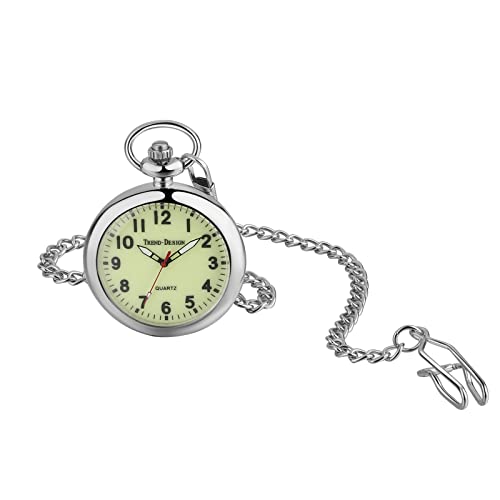 JewelryWe Taschenuhr Herren Damen Klassische Grün Leuchtendes Zifferblatt Analog Quarz Uhr mit Halskette Taille Kette Silber Geschenk