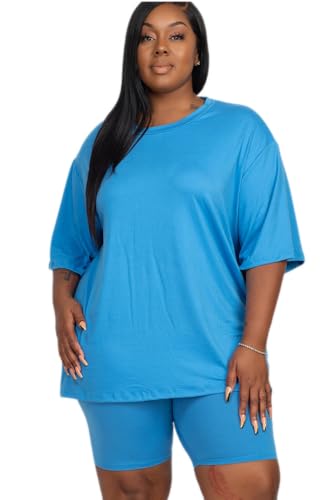 Plus Size Loose Top & Biker Shorts Set | Women's Outfit Ibiza Blue / 2X