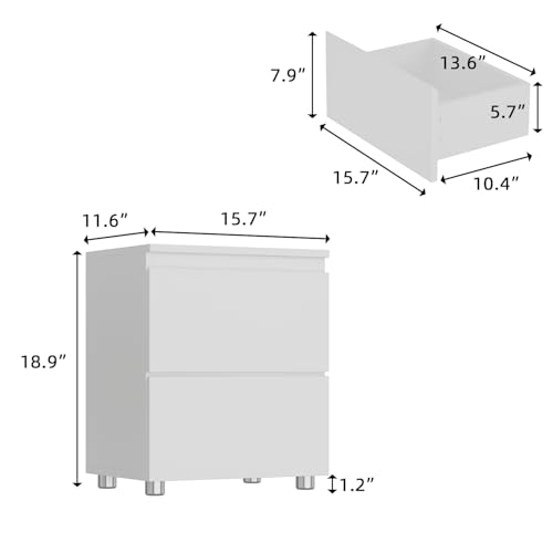 Image of Modern Nightstand with 2 Drawers, Modern Handleless Bedside Table for Small Spaces, Compact Wood End Table for Bedroom, White 15.7 inch W x 11.6 inch D x 18.9 inch H