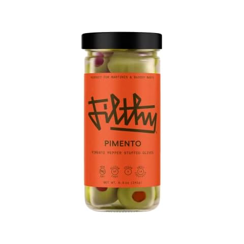 Filthy Cocktail Garnish, Pimento Stuffed Olives, 8.5 Oz Jar, 14 Olives Cover