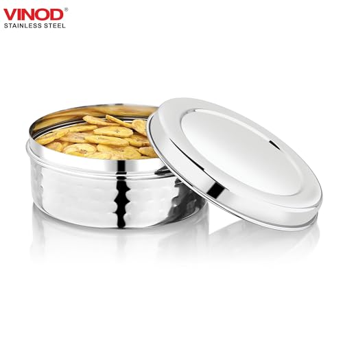 Image of Vinod Hammered Stainless Steel Puri Dabba | 450ml Capacity, 11cm Dia | Hammered Finish Multipurpose Stainless Steel Flat Storage Container for Puri, Snacks, Dry Food, Tiffin & Travel Use