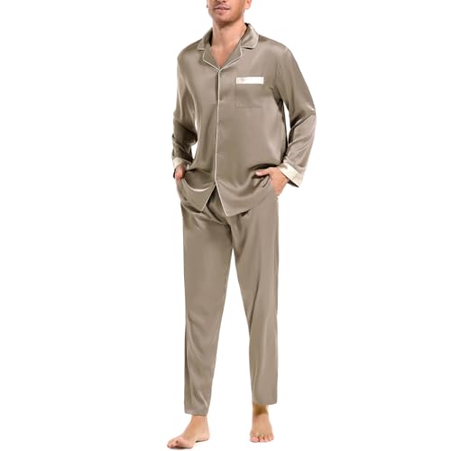 Men's Pajamas Sets Soft Silk Satin Sleepwear for Men Button Down Loungewear with Pockets