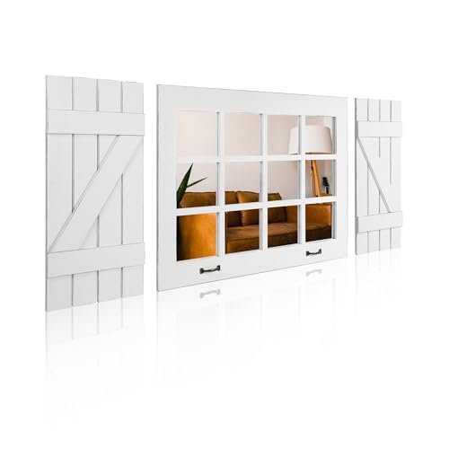Window Pane Mirror Wall Decor with Shutters XXL Farmhouse Decorative Wall Mirror Vintage White