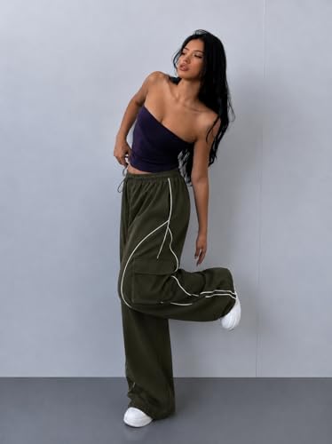 Image of Parachute Baggy Track Pant for Women | Korean Style Loose Fit Wide Leg Cargo Pockets | Piping Casual Trouser