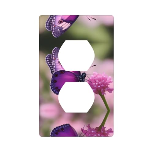 Double socket wall plate Electrical Receptacle Light Switch Cover Art Faceplate Switchplate for Home Decor 4.5X2.76 Inch Pink Purple Butterfly Pattern