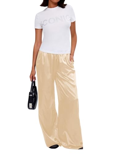 Image of MakeMeChic Women's Summer Satin Silk Pants Casual Flowy Pants Beach Vacation Wide Leg Pants