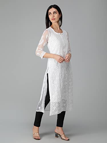 Image of Seva Chikan Hand Embroidered Lucknowi Chikankari Regular Straight Georgette Kurta Kurti for Women with Cotton Inner Slip SCL4254