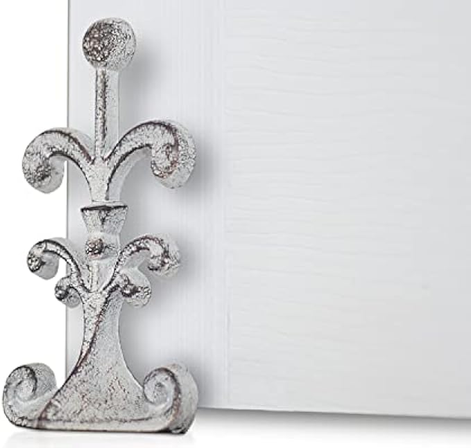 Fleur De Lis Cast Iron Door Stop | Decorative Door Stopper Wedge | with Padded Anti-Scratch Felt Bottom | Antique Vintage Design | Solid and Heavy Duty| 4x3.5x7.75" | Rustic White