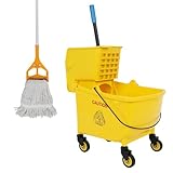 35 Qt Commercial Mop Bucket with Side Press Wringer on Wheels and Mops Set for Floor Cleaning, Industrial Mop and Bucket Set for Home, Restaurant, Shopping Mall,Yellow