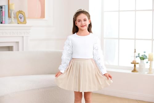 Girls Casual Crewneck Ruffle Flower Long Sleeve Solid Kint Sweatshirts Loose Fit Blouse Fashion Shirts4