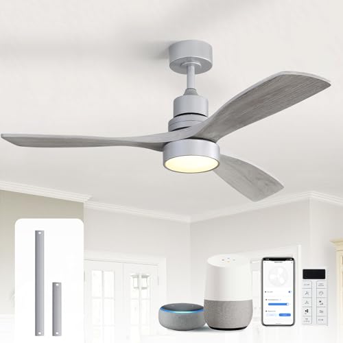 Image of Sofucor 52 Inch Smart Wood Ceiling Fans with Lights, APP /Remote Control | Modern, Quiet Reversible DC Motor, 3CCT Dimmable, 6 Speeds, Indoor /Covered Outdoor /Bedroom /Living Room /Patio /Kitchen, Grey