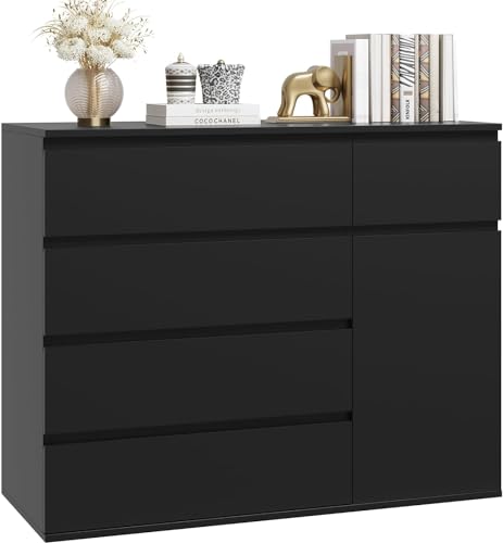 FOREHILL Cassettiera Nera con 5 Cassetti e 1 Ante,Cassettiera Camera da Letto in Legno,Mobiletto Multiuso per camera da letto, Soggiorno, Studio, Corridoio 100x40x80 cm Spedito in 2 pacchi (Nero)