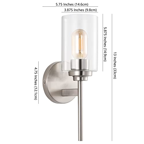 Image of JONATHAN Y 13 inch Nickel /Clear Industrial Farmhouse LED Wall Sconce, with Clear Glass Cylinder Shade, 1-Light Iron Vanity Light for Bathroom Mirror Hallway Bedroom (JYL9547C)