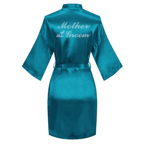 Image of Women's Bride Bridesmaid Robes Short Satin One Size Silver Rhinestones Wedding Party Getting Ready Sleepwear