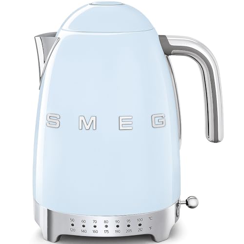 Image of SMEG Variable Temperature Electric Kettle 1.7L (7 Cup), Stainless Steel Tea & Coffee Kettle, Fast Boil, Adjustable Temp 122F-212F, Keep Warm, Auto Shut-Off, 360 Base, Retro Style-Pastel Blue