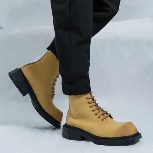 Image of Mens Retro Leather Lace-Up Chunky Heels Chukka Ankle Boots Casual High-Top Non-Slip Square Toe Dress Shoes for Walking Formal Business