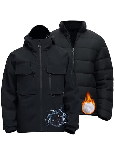 Rejork Men's 3 in 1 Waterproof Winter Jackets Ski Warm Snow Rain Coat Puffer Liner Hood Windbreaker Black 3XL
