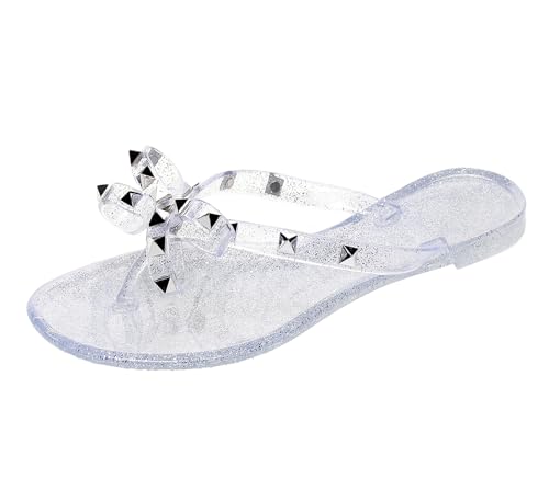 Image of Studded Jelly Shoes for Womens Bow Flip Flops Jellies Sandals Flat Black Summer Beach Thong with Rivets Strappy Slides Slip On