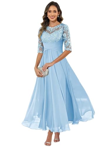 HUINI Damen Brautmutterkleid Chiffon Lang - Spitzen Formales Abendkleid Kleider Halbärmel A-Linie Festliche Für Hochzeit Hellblau 46