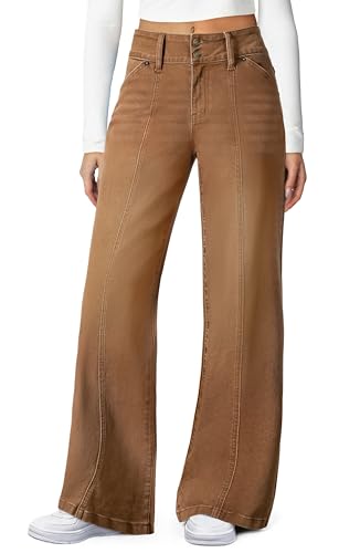 Sidefeel Womens High Waisted Stretchy Wide Leg Jeans Seamed Front Straight Leg Trendy Loose Denim Pants Brown Size 8