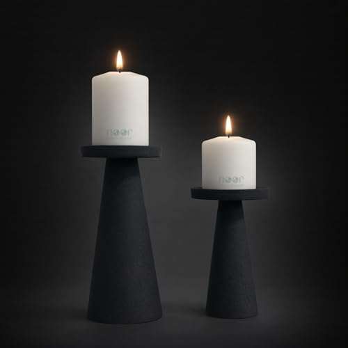 Image of ππππ πππππππππππππ | Metal Pillar Candle Holder Set of 2 | Table Centerpieces Coffee Tables | Candles Stand for Christmas Home Decor Gift | Wedding Gift (Leather Textured- Black)