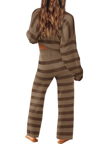 LAMISSCHE Oversized Womens Lounge Set Striped Sweater Set Long Sleeve 2 Piece Pajama Set Top and Pants with Pockets3